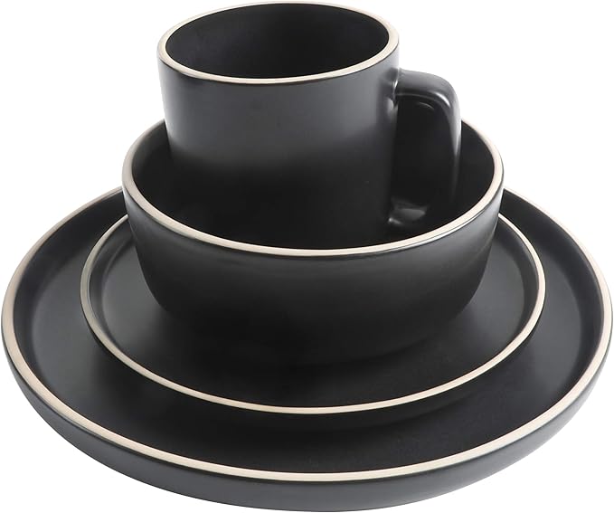 Gibson Home Zuma 16 Piece Round Kitchen Dinnerware Set, Dishes, Plates, Bowls, Mugs, Service for 4, Matte Stoneware, Black