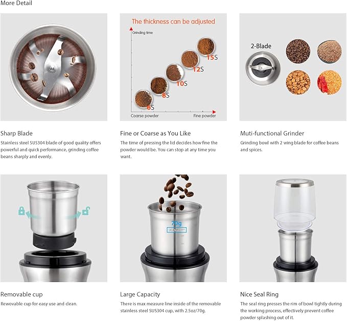 DR MILLS DM-7412N Coffee Grinder Electric and Spice Coffee Grinder with Removable SUS304 Stainless Steel Washable Cup