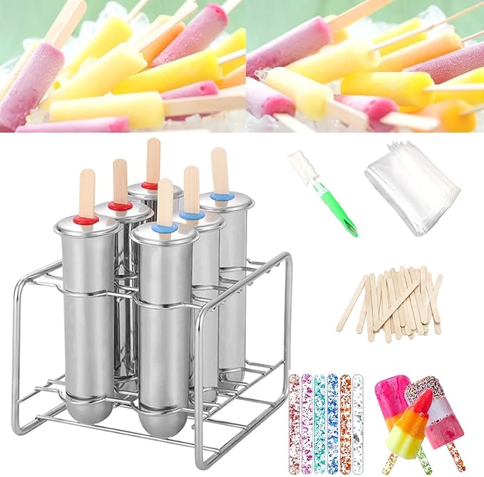 Set of 6 Stainless Steel Popsicle Molds Kit, Metal Popsicle Moulds,Homemade Ice Treat Makerwith 50 Wooden Sticks and 6 Silicone Seals and 20 Pop Bags,Cleaning Brush(Round)