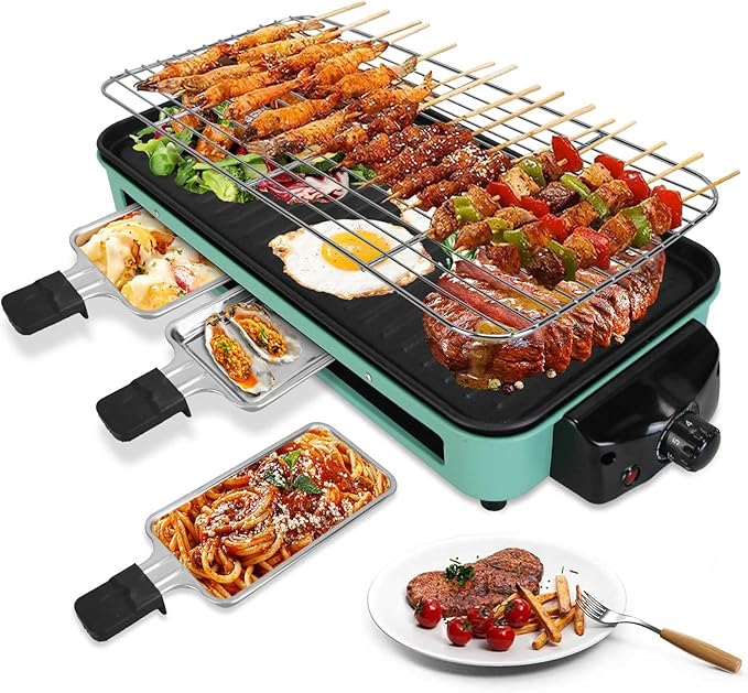 TeqHome 1500W Electric Indoor Grill,2 in 1 Smokeless Raclette Table Grill for Kitchen,Barbecue Korean BBQ Grill with Grill Net,Non-Stick Cooking Removable Plate & 5 Temperature Control，Dishwasher Safe