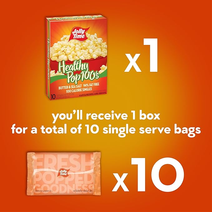 Jolly Time Healthy Pop Microwave Popcorn, 1.2oz Personal Bag, 10 Bags Per Carton (Healthy Pop 100's - Butter & Sea Salt,1.2 Ounce (Pack of 10))