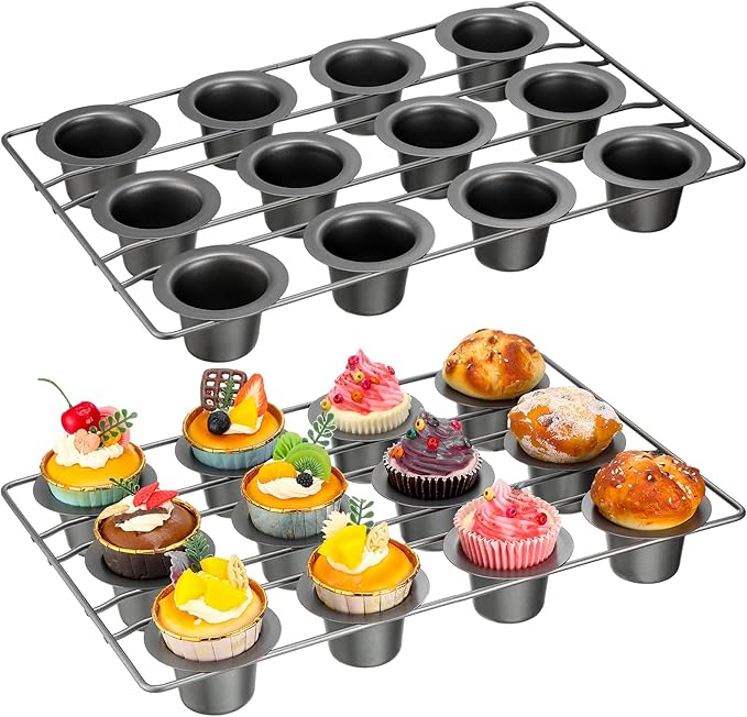 Shellwei 2 Pcs 12 Cups Non Stick Popover Pan Muffin Pan Mini Cupcake Pan for Oven Baking, Carbon Steel(Gray)