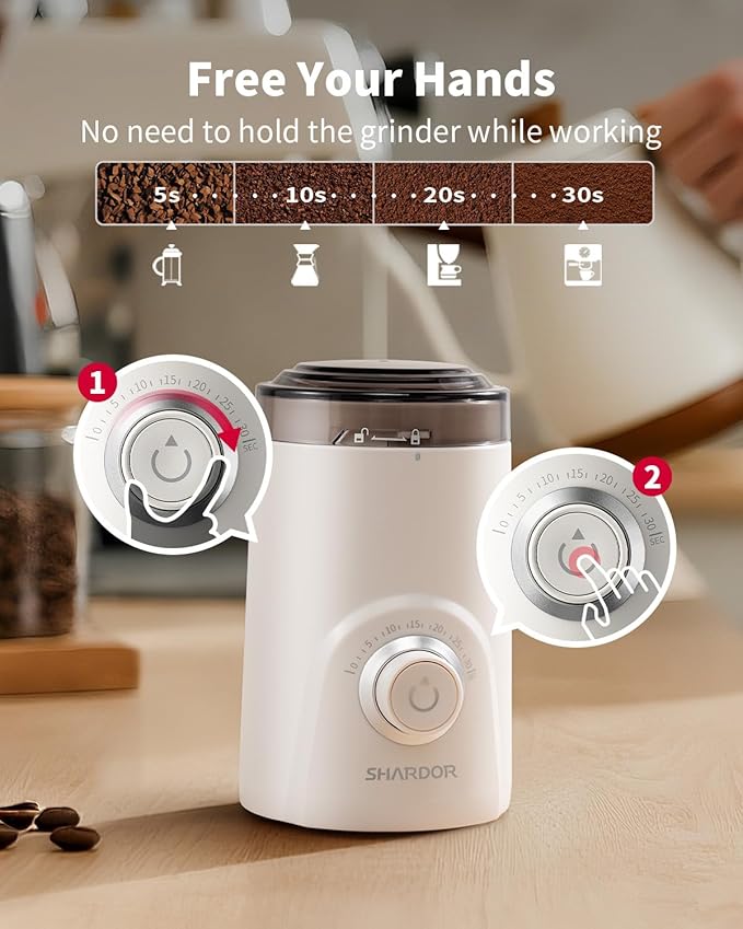 SHARDOR Electric Super Silent Blade Coffee Grinder, Timed Grind Control Rotary Knob, Adjustable Coarse to Fine for Coffee Beans, Spices & Herbs, White