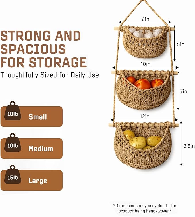 Cotton Hanging Fruit Basket, 3 Tier Woven Wall Basket, Hanging storage baskets for Kitchen and Bathroom, Macrame Wall Hanging, Boho Decor Over The Door Organizer, Brown