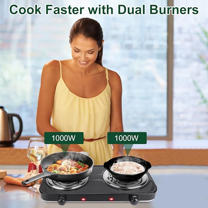 Double Burner Cooktop, 2000W Portable Electric Stove, 5 Level Temperature Control, 6” Heating Coil, Easy to Clean, Power Indicator Lights, Coil Hot Plate for Home Dorm Camping Cooking