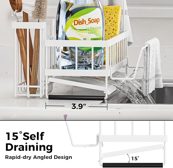Sponge Holder for Kitchen Sink – Rustproof Stainless Steel with Detachable Drainboard, Brush Rack & Towel Bar | Compact, Non-Slip Design for Countertop Bathroom