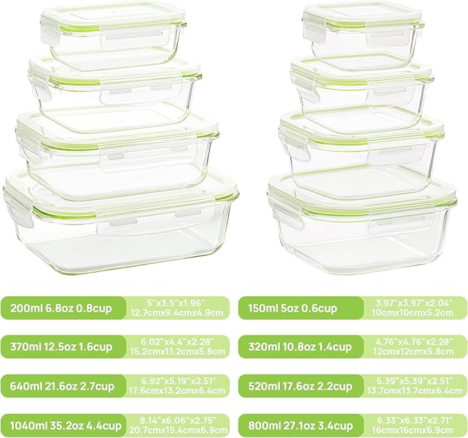 Vtopmart 8 Pack Glass Food Storage Containers with Lids (Grass Green)