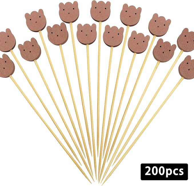 BLUE TOP 200PCS 4.7 Inch Brown Bears Bamboo Cocktail Picks Bamboo Toothpicks Fruit Picks for Home Party Appetizers Cocktail Decorations Charcuterie Board