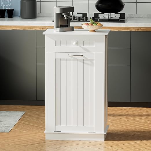 Wooden Tilt Out Trash Can Cabinet, 10 Gallon Dog Proof Garbage Can Holder, Kitchen Island with Laundry Hamper, White