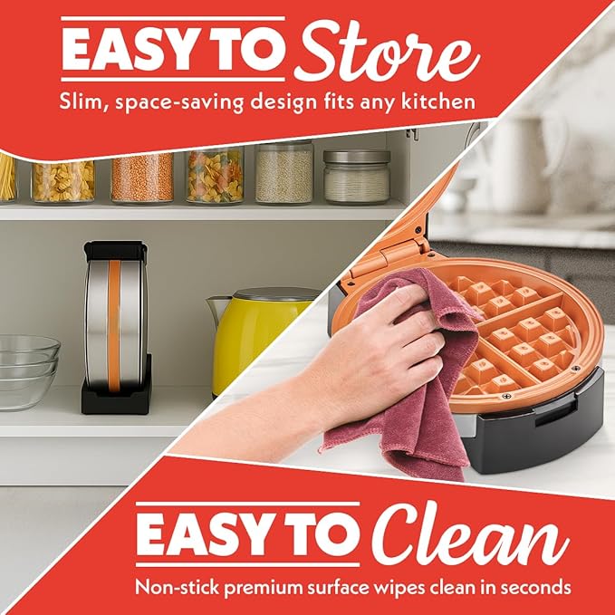 Gourmia Belgian Waffle Maker, Nonstick, Adjustable Browning Control, Cool Touch Handle, Indicator Lights, Quick Heat & Upright Storage, Compact, 1100W, Stainless Steel