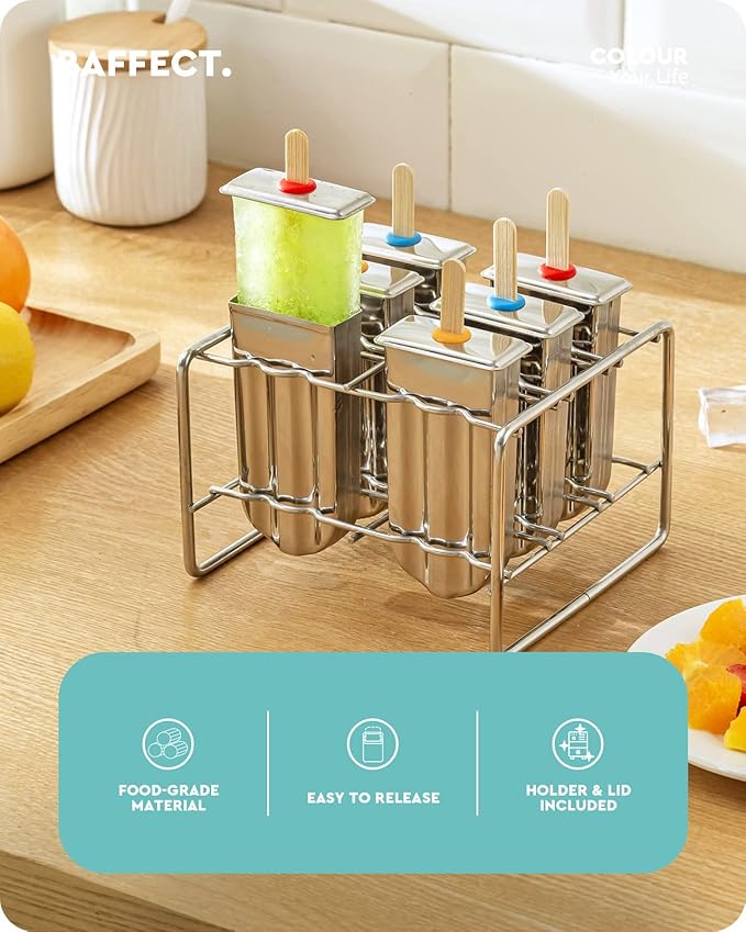 Baffect Metal Popsicle Moulds, Set of 6 Round Head Stainless Steel Ice Lolly Molds with Holder, Fast Freezing Ice Cream Makers with Lollipop Sticks and Bags