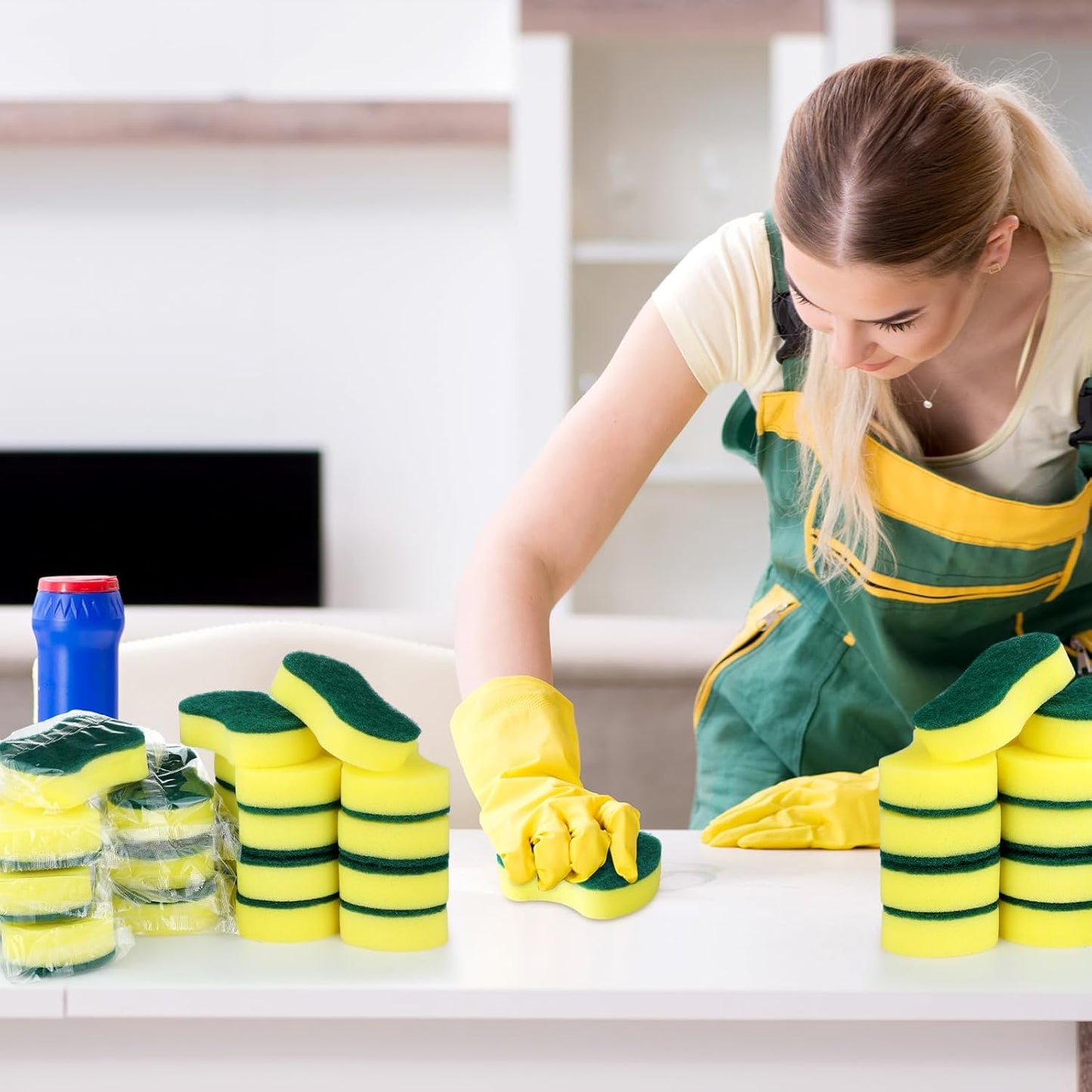 Tanlade 90 Pcs Individually Wrapped Sponges Kitchen Bulk Non Scratch Scouring Sponges for Dishes Household Cleaning Travel Apartments Hotel Car (Yellow Green)