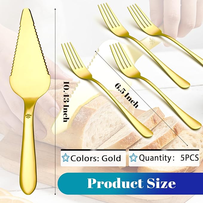 Eisinly 1 Pcs Cake Pie Server and 4 Forks Set for Wedding, Elegant Pizza Slicer Server Set with Stainless Steel Big Serrated Edges, Cake Cutter Pie Spatula for Birthday Anniversary, Gold