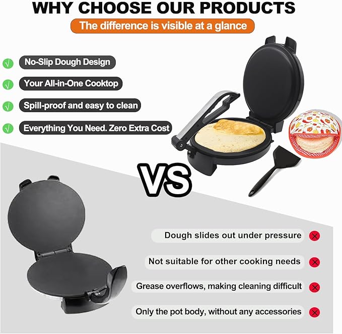 10" 1200W Electric Tortilla Press & Chapati Maker - for Roti, Crepes, Grilling | Includes Warming Bag & Spatula (Black)