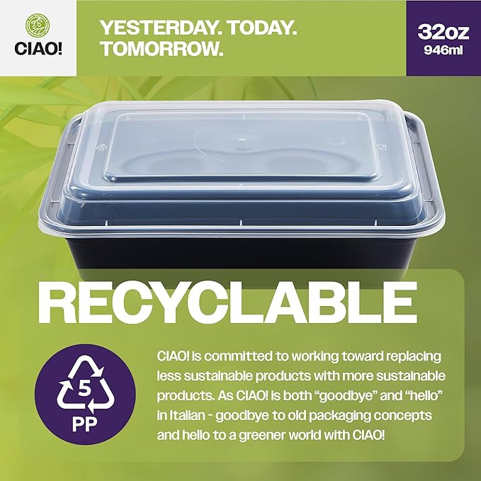 CIAO! Heavy Weight 32oz Injection Molded Microwavable Black Rectangular Food Container with Lid (150/case)
