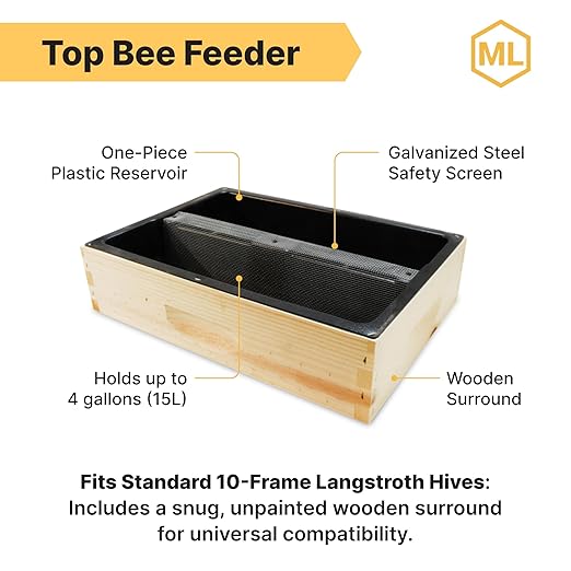 Mann Lake Top Hive Feeder with Unpainted Wood Super, Leakproof Single Piece Plastic Reservoir, Galvanized Steel Safety Screen, Deep High Capacity Feeder Insert for Honey Bees