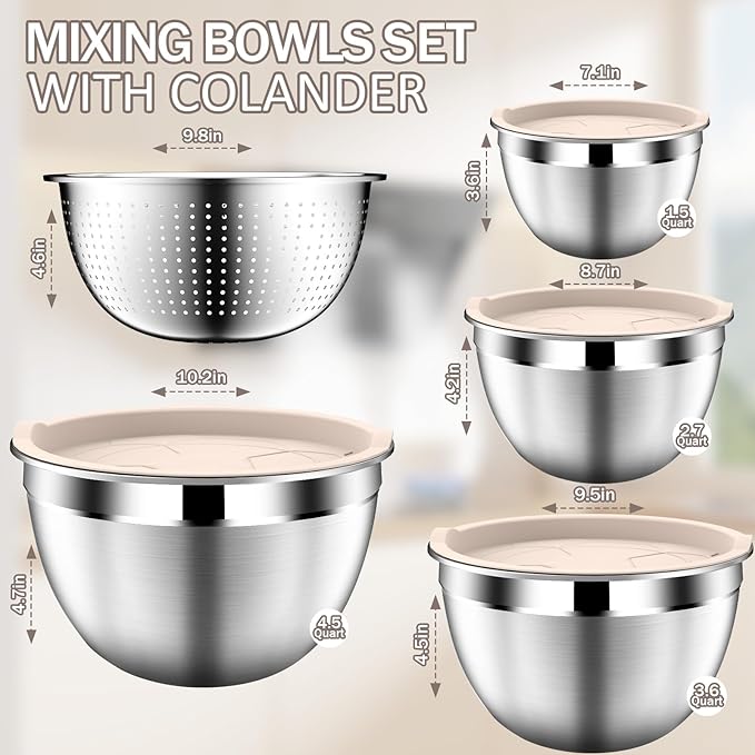 DUTZUN Stainles Steel Mixing Bowls with Lids Set, Stackable Metal Mixing & Serving Bowl with Strainer, 5-Piece - Beige