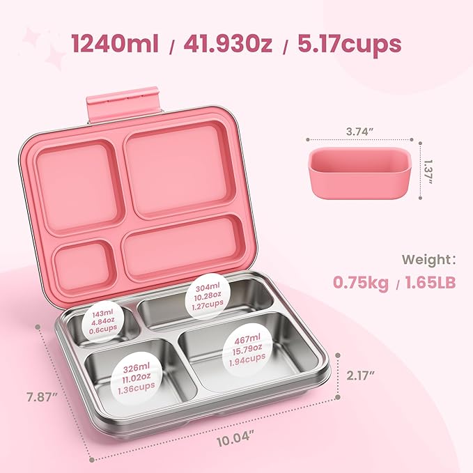 Stainless Steel Bento Box, 4-Compartment Metal Lunch Box with Removable Silicone, Lunch Container for Kids & Adults with Silicone Inner Container, School, Office, Dishwasher Safe(Pink)