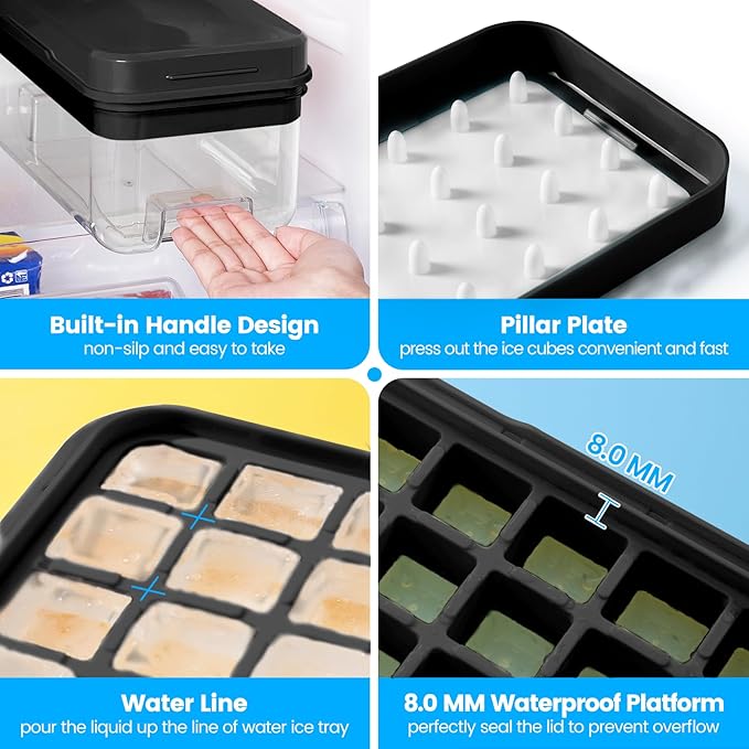 PHINOX Ice Cube Tray, Easy Release Ice Cube Trays with Lid and bin, Ideal for Cocktail Whiskey