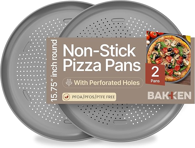 Bakken 16 Inch Non-Stick Pizza Pan 2 Pack, Round Carbon Steel Pizza Tray with Perforated Holes, PFOA, PFOS, & PTFE-Free, Dishwasher & Oven Safe Up To 450°F, Durable Nonstick Coating, Silver