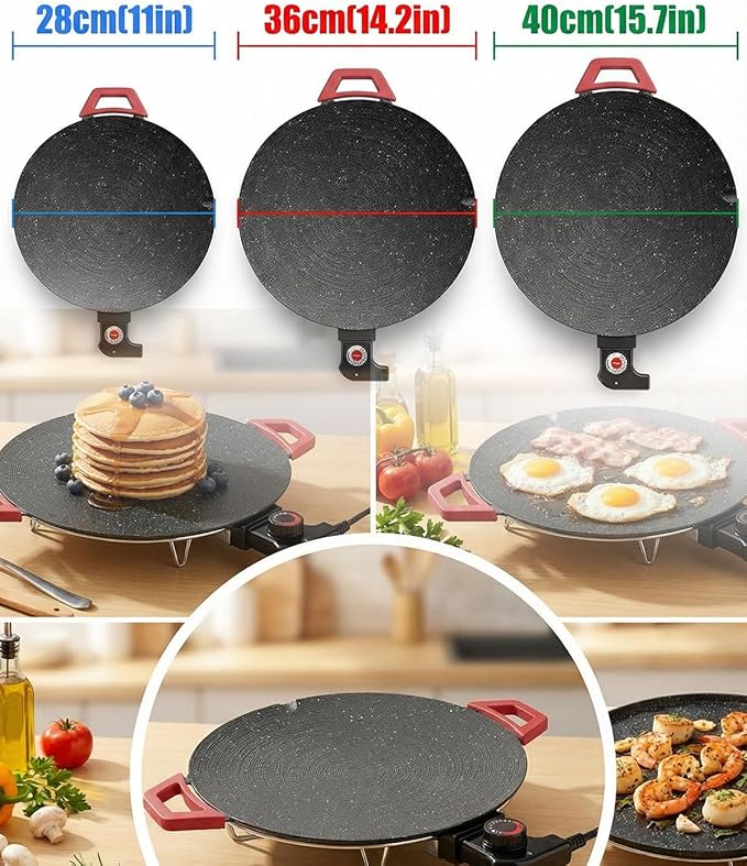 Non-Stick Electric Indoor Grill Pan, Smokeless Electric Griddle with Temperature Control, Round Baking Pan for BBQ, Steaks, Pancakes & Comal Electrico para Tortillas (36cm/14.2in)