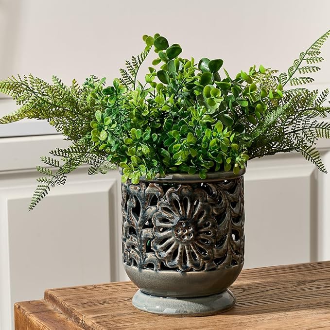 Farmhouse Kitchen Utensil Holder for Countertop, Ceramic Large Cooking Utensil Crock with Cork Mat, Decorative Rustic Utensil Holder for Kitchen Counter, Hollow Carving Flower, Gray