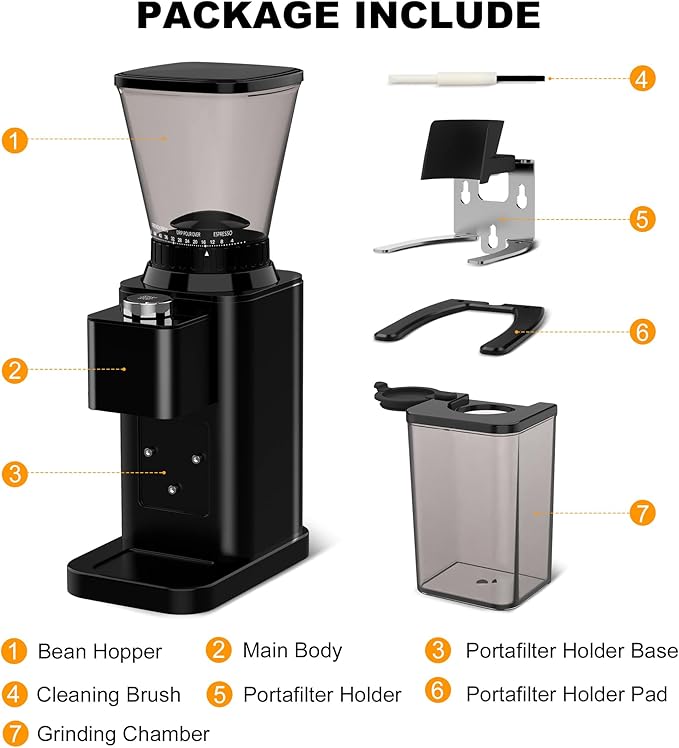 Electric Conical Burr Coffee Grinder with 48 Grind Settings, 35s Timer, Detachable 48-51mm Portafilter Holder, Anti-Static, Low Noise for Home Espresso, Drip, French Press (Black)