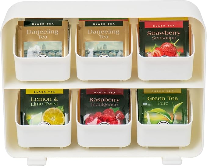 Mind Reader Tea Bag Organizer, Tea Station Organizer, Countertop Storage, Kitchen, Plastic, 10.25"L x 3.25"W x 7.75"H, White