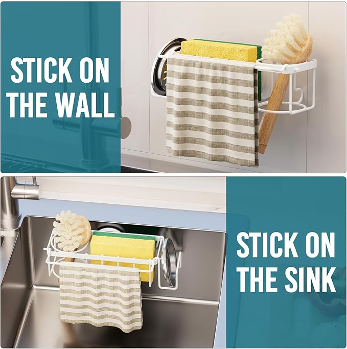 TAILI 4-in-1 Sponge Holder for Kitchen Sink with Strong Suction Cup Removable, Rustproof Stainless Steel Sink Caddy for Sponge, Brush, Scrubber, Scraper -White