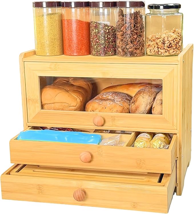 Bamboo Bread Box for Kitchen Countertop & Dining Room,Wooden Storage with Display Compartment & Built-in Bread Slicer,Eco-Friendly Organizer for Homemakers, Bakers & Bread Lovers ﻿