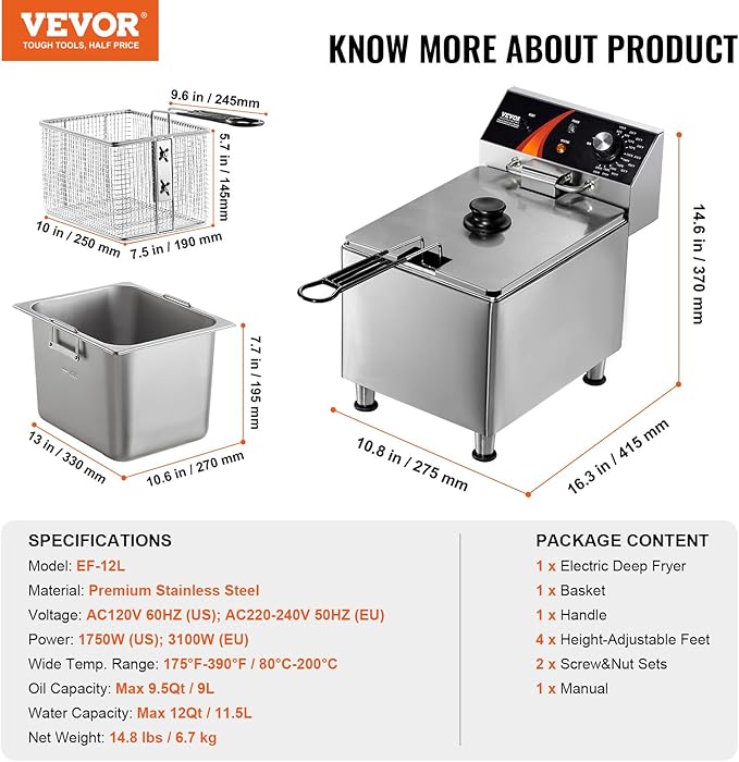 VEVOR Commercial Deep Fryer, 1750W Electric Countertop Fryer with Basket & Height-Adjustable Feet, 12Qt / 11.5L Stainless Steel Single Oil Fryer, Temp Control, Overheat Protection, for Restaurant Use