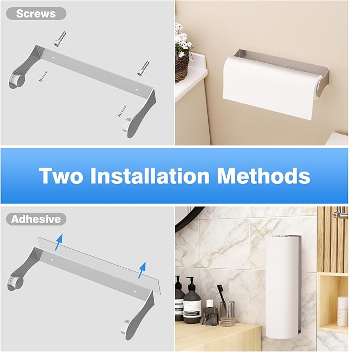 Paper Towel Holder Under Cabinet, Stainless Steel, Silver, Adhesive & Wall Mount, Under Counter Paper Towel Rack for Kitchen and Bathroom, Home and Kitchen Decor