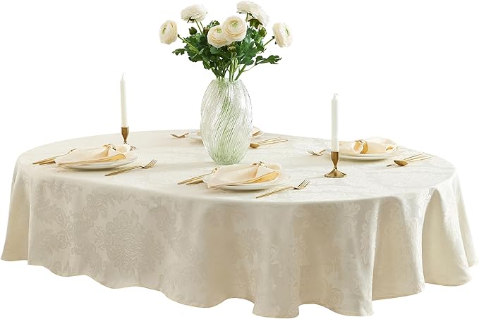 Newbridge Barcelona Luxury Damask Fabric Tablecloth, 60” Wide x 84” Oval, Antique White, 100% Polyester, No Iron, Soil Resistant Dining Room, Party and Banquet Table Cover