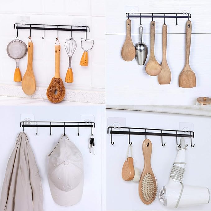 Rainmae 2 Pack Wall Hooks Rack Rail, Space Saving Wall Hanger No Drilling with 6 Hooks for Bathroom, Bedroom, Closet, Stainless Kitchen Tools for Hanging Knives, Spoon