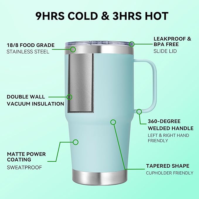 20 oz Stainless Steel Tumbler with Handle Bulk Metal Insulated Tumblers Travel Coffee Mug with Handle Double Wall Tumbler Cup with Lid and Straw, Mint Green 12 Pack