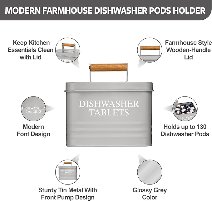 Calindiana Modern Farmhouse Metal Dishwasher Pods Container with Lid for Kitchen Organization and Storage, Kitchen Essentials Decor Accessories, Dishwasher Pods Holder, Grey