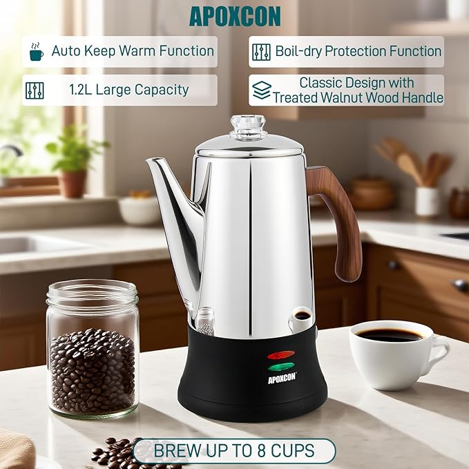APOXCON Electric Coffee Percolator Stainless Steel Coffee Maker with Two Heat Resistant Glass Knob & Treated Solid Wood Handle Keep Warm Cordless Serve Elegant Design Coffee Pot On/OFF Switch 8 Cup