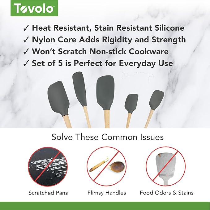 Tovolo Silicone Spatula with Wooden Handle Set of 5 Piece Silicone Kitchen Utensil Set Spoonula Jar Scraper Mini Spatula and Spoonula for Cooking Baking Mixing Folding Charcoal Gray