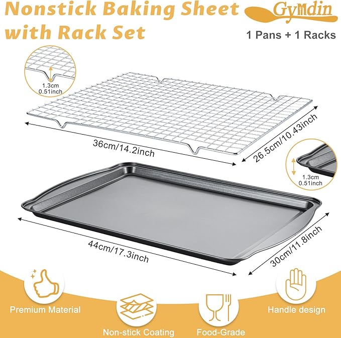 Baking Sheet with Cooling Rack - 17" x 11" x 0.5" Carbon Steel Cookie Sheet for Baking [1 Sheet + 1 Rack], Nonstick Baking Pan, Perfect for Baking, Roasting, and More