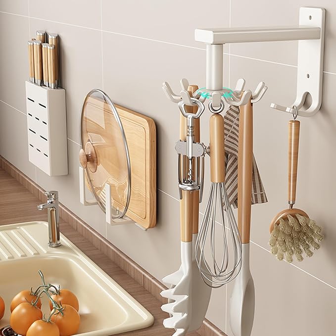 Kitchen Utensil Hanger - Retractable Spatula Rack & Spoon Holder, Wall Mount, White
