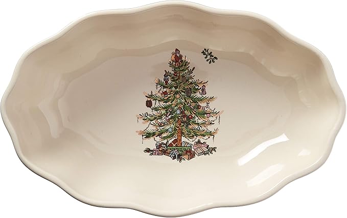 Spode Christmas Tree Gold Cranberry Dish & Server - 8" Festive Serving Bowl & 8" Metal Handled Spoon for Holiday Appetizers, Desserts, Seasonal Dishes - Dishwasher Safe Tableware