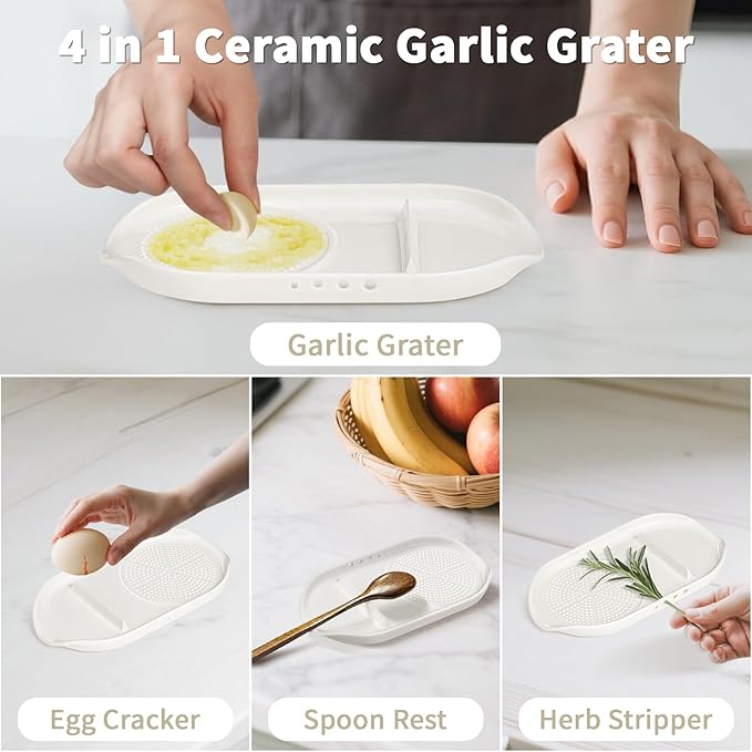 WhiteRhino 4 in 1 Ceramic Garlic Grater with Egg Cracker,Spoon Rest and Herb Stripper, Ginger Grater Plate for Grinding Wasabi Fruits Vegetables Ginger Garlic Cheese(6.76inx3.7in)
