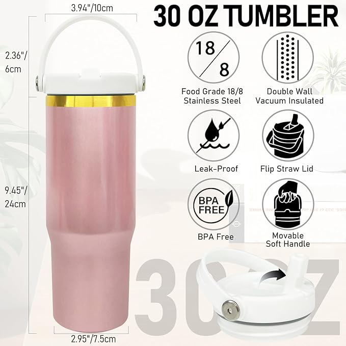 30 oz Tumbler Bulk with Handle and Straw, Vacuum Insulated Tumblers with Flip Straw and Top Handle, Leakproof Powder Coated Tumbler, Stainless Steel Travel Mug for Coffee (RoseGold, 8 Pack)