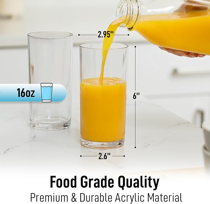 Zulay Kitchen Plastic Drinking Glasses (Set of 8) – 16oz Acrylic Shatterproof Water Cups for Home, Kitchen & Outdoors – Crystal Clear Glass Look – BPA & Lead-Free – Top-Rack Dishwasher Safe