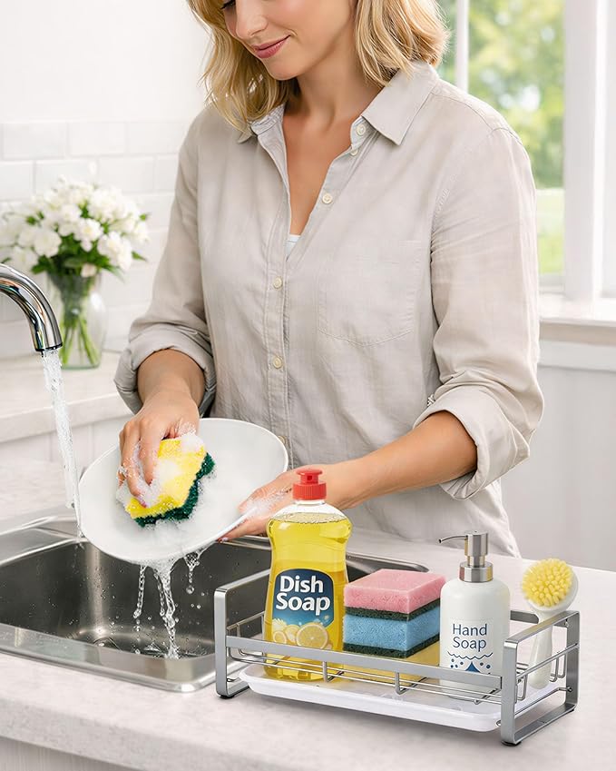 HULISEN Large Sponge Holder, 304 Stainless Steel Kitchen Soap Dispenser Caddy Organizer, Countertop Soap Dish Rack Drainer with Removable Drain Tray, not Including Dispenser and Brush, Grey