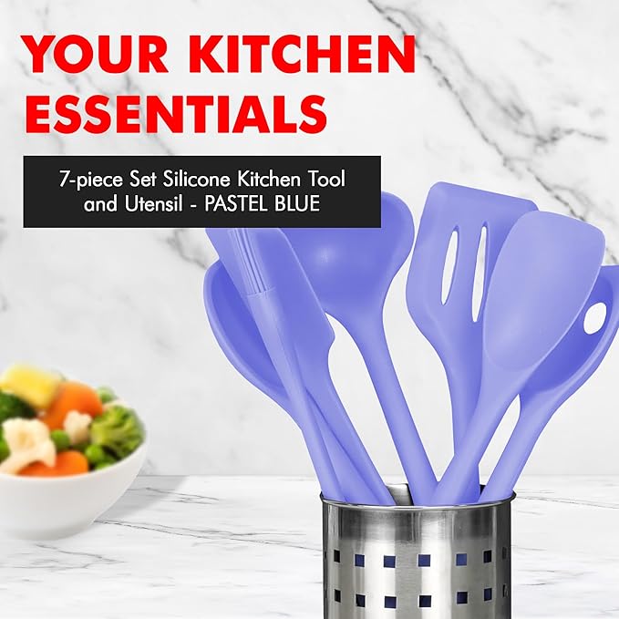 Chef Craft - Premium Silicone Kitchen Tools and Utensils Set, Non-Scratch, Withstands Temperatures up to 450°F, BPA-Free, 7 Piece Cooking Utensils Set, Pastel Blue