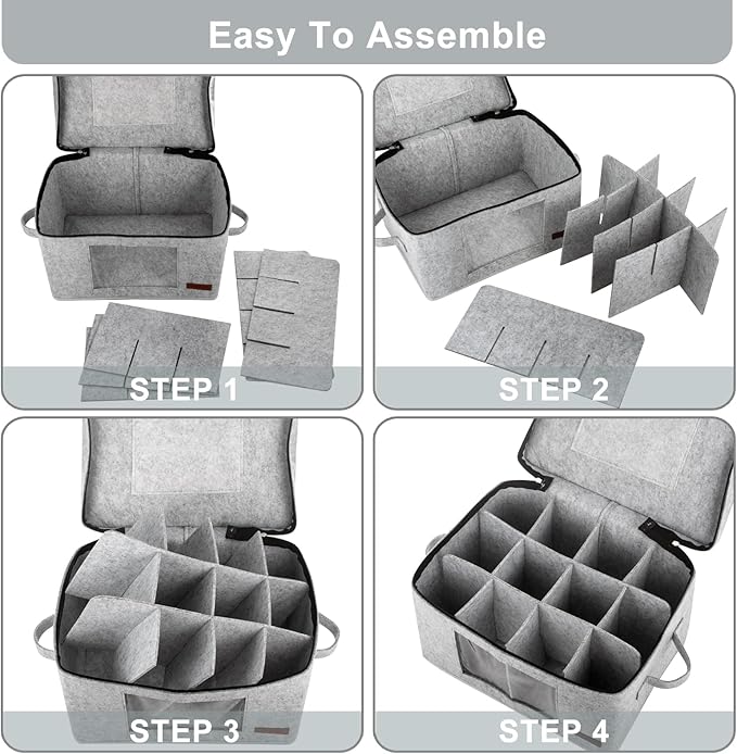 Foyego 2 Pack Wine Glass Storage Box with Dividers, Stemware Storage Containers for Packing and Moving, China Storage Containers Box for 12 Crystal Glassware, Wine Glasses, Drinkware,Light Gray