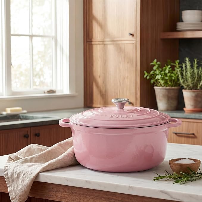 Zulay Kitchen 5 Quart Enameled Cast Iron Dutch Oven Pot with Lid – Premium Durability & Oven Safe up to 500°F – Heavy Duty Cookware Perfect for Bread Baking, Stews, Braising & Roasting – Pink