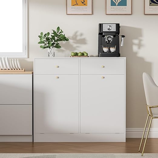 Housoul Double Tilt Out Trash Can Cabinet with 2 Drawers, Trash Storage Cabinet, Hidden Garbage Bin, Free Standing Laundry Sorter Organizer for Kitchen Dining Living Room, Bathroom, White