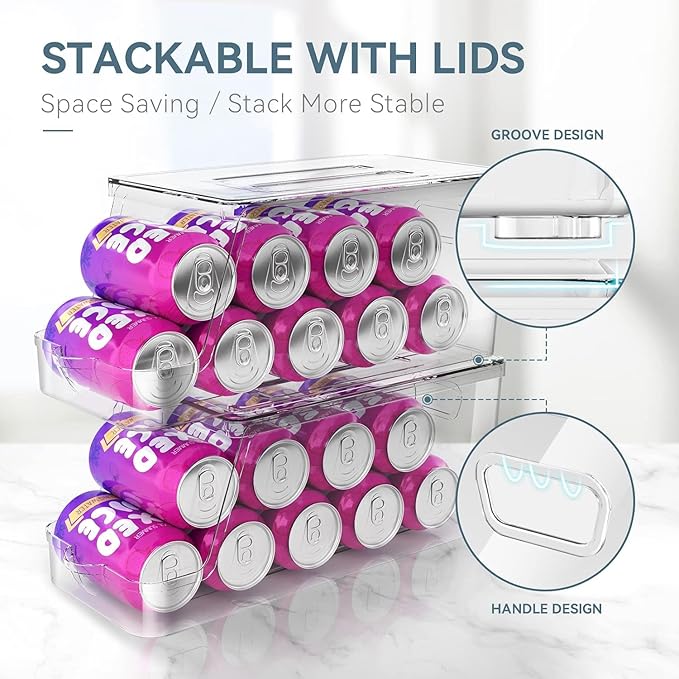 Soda Can Dispenser for Refrigerator with Lids, Stackable Drink Organizer for Fridge, Clear Plastic Refrigerator Organizer Bins, Beverage Can Holders for Pantry, Freezer, Kitchen, Cabinets Set of 1